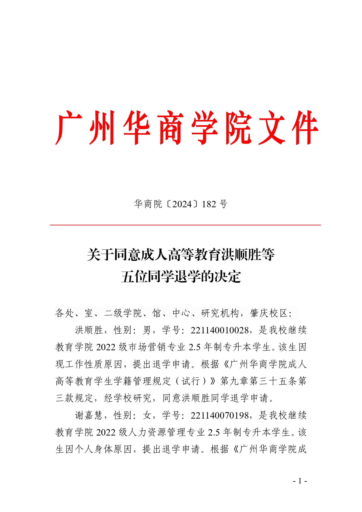 华商院〔2024〕182号关于同意成人高等教育洪顺胜等五位同学退学的决定_page-0001